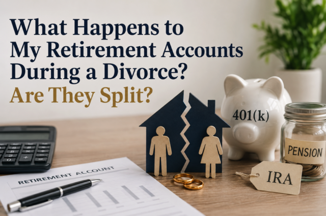 Illustration of retirement accounts including a 401(k), IRA, and pension being divided during a Michigan divorce, representing property division and equitable distribution.
